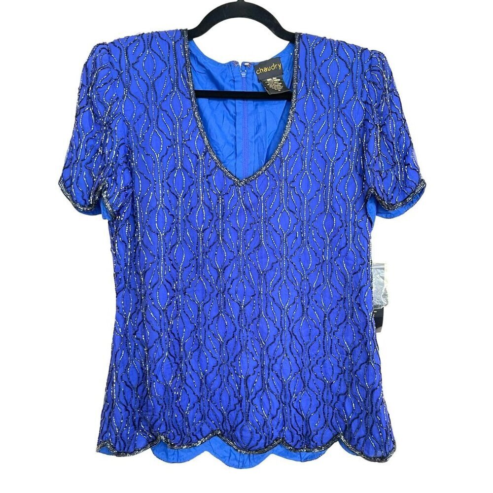 Anthropologie Chaudry Royal Blue Silk Beaded Embellished Blouse Medium Top